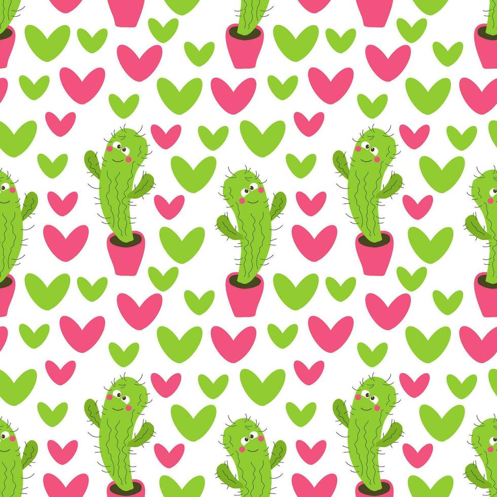 Vector doodle illustration seamless pattern cute cactus in a pot. Funny emotion character. For the design of packaging, textile, wallpaper