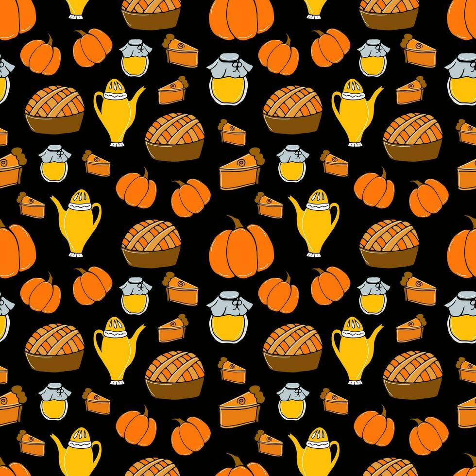 vector doodle illustration, seamless pattern - pumpkin pie with tea, honey and pumpkins on a black background. For packaging, wallpaper, web design, textile on autumn theme and Thanksgiving holiday