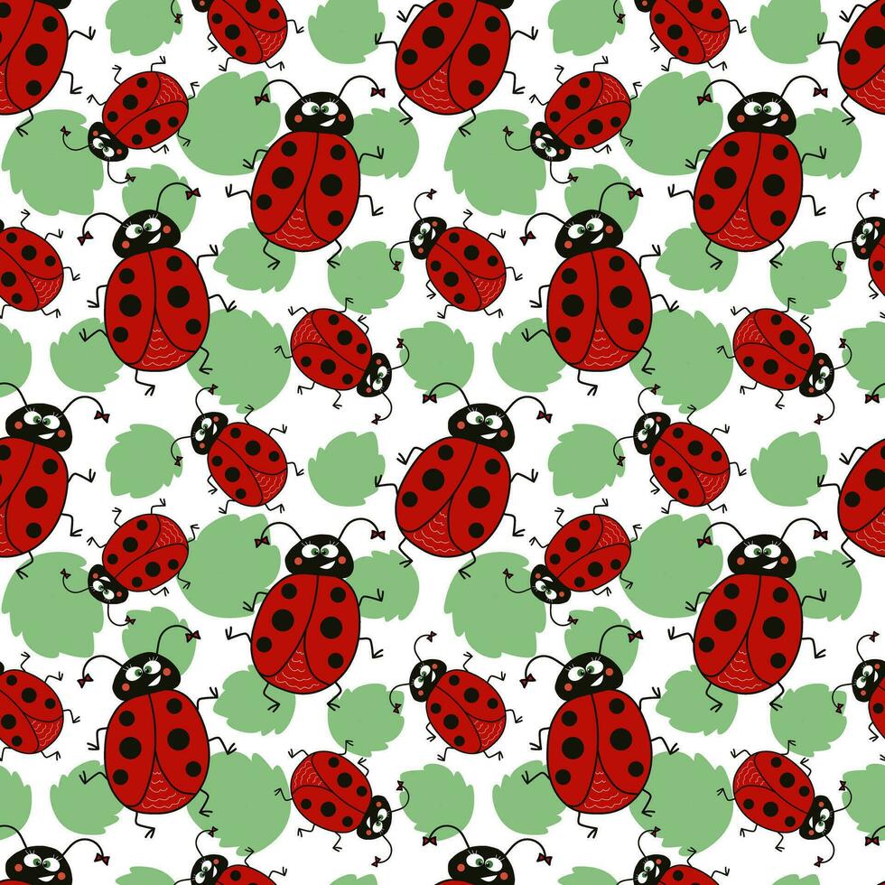 seampless pattern cartoon funny ladybug with bows and leaves on white background. Vector doodle illustration for packaging, wallpaper, textile