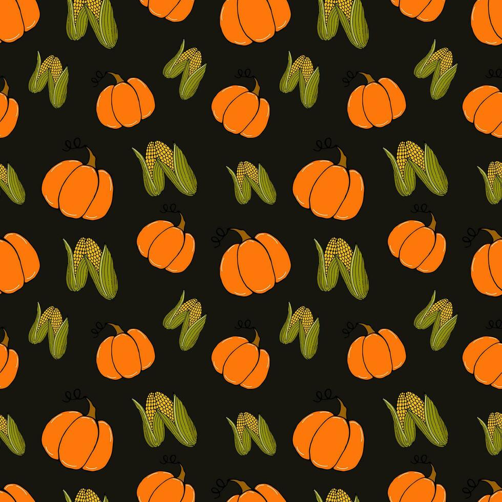 sin costura modelo de colores garabatear vegetales calabazas y maíz en negro - otoño fondo, vector ilustración. para embalaje, textiles, fondos de pantalla, web diseño