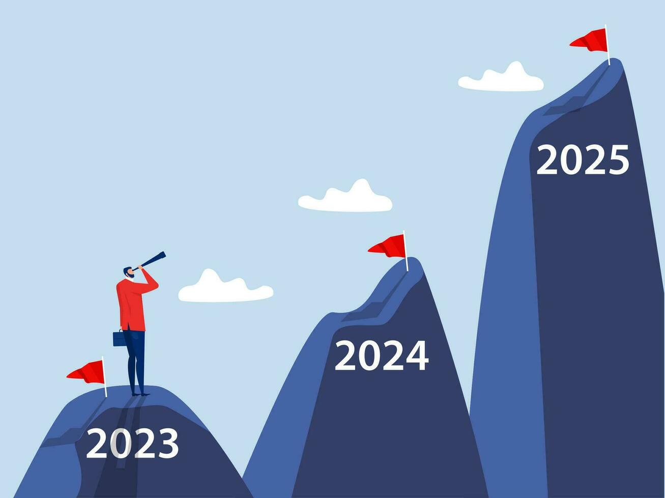Business goals Businessman looking binoculars on top of the mountain for looking to another next