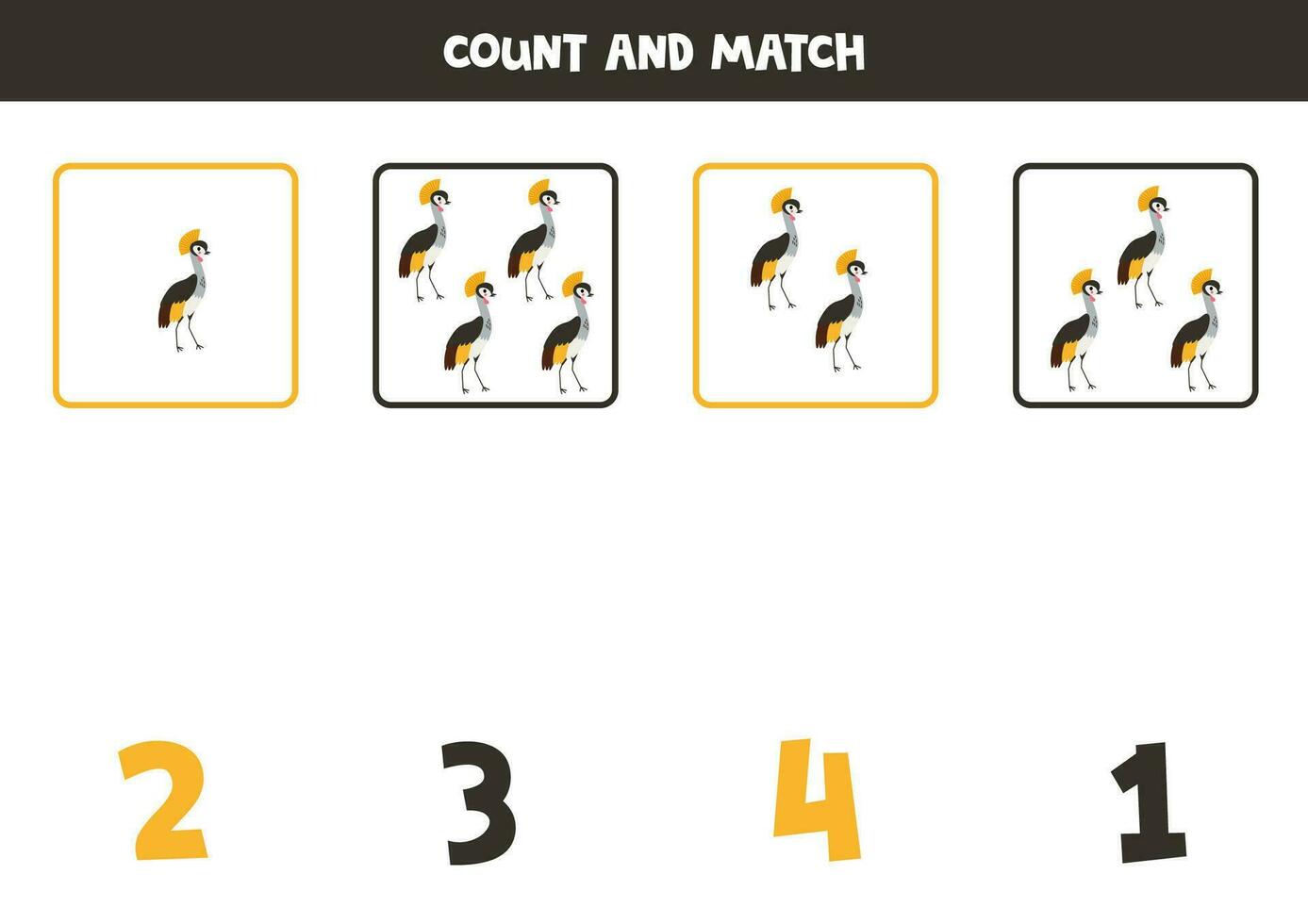 Count all crowned cranes and match with the correct number. vector