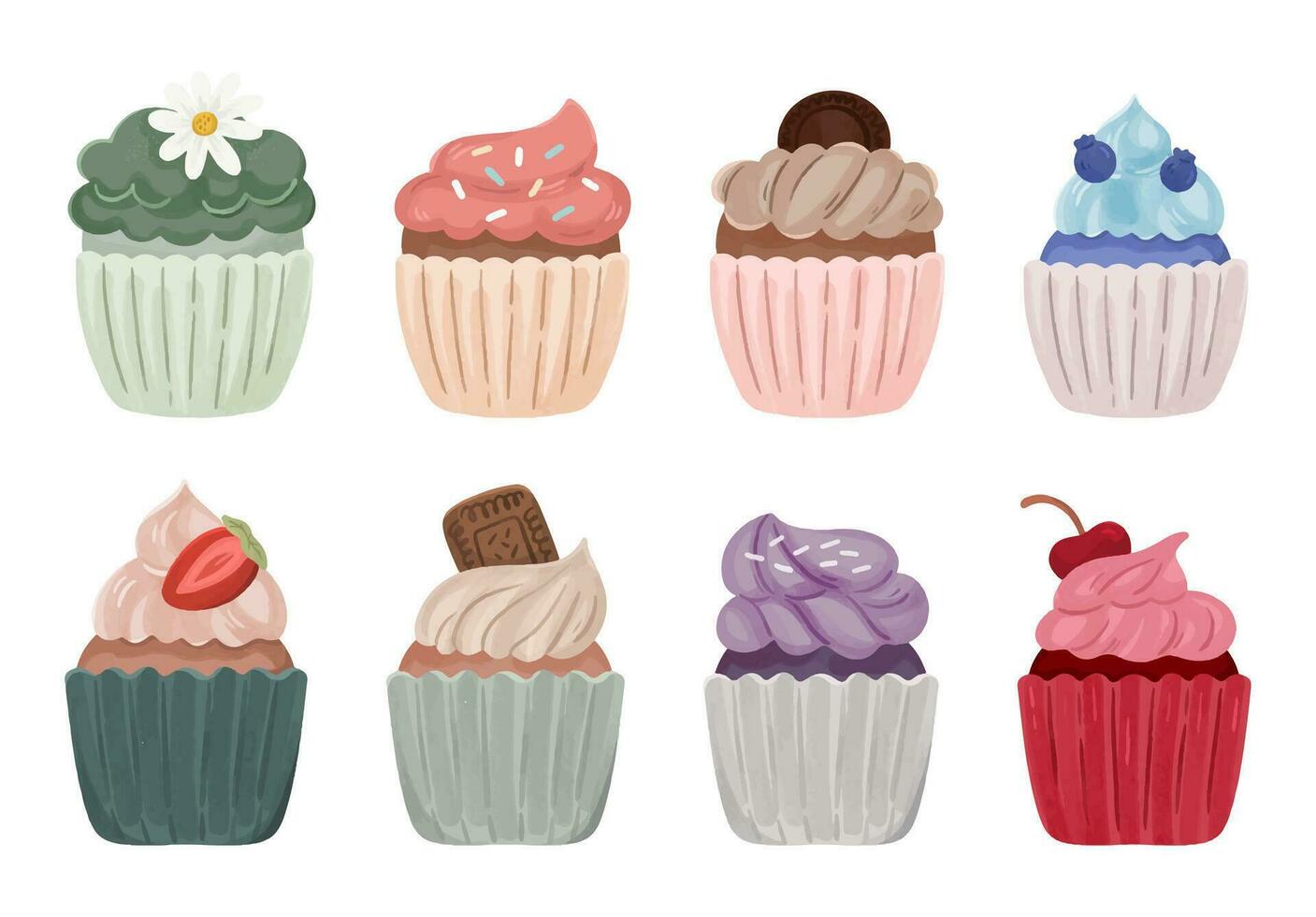 cute cupcakes watercolor graphic set illustration vector