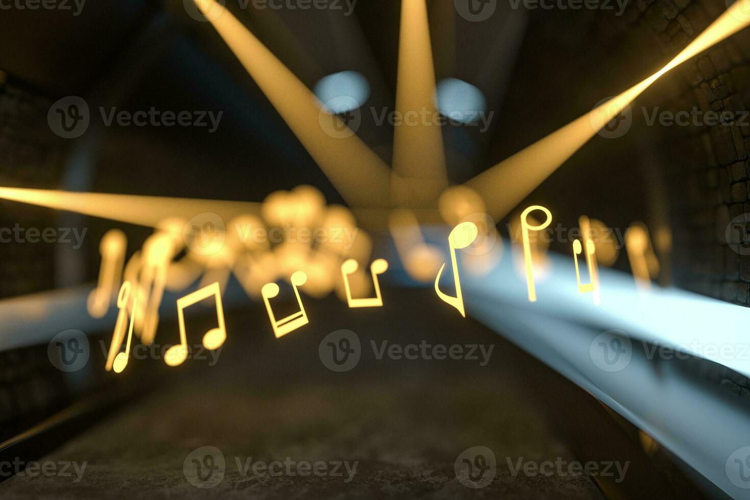 Music notes with dark background, floating notes, 3d rendering. photo