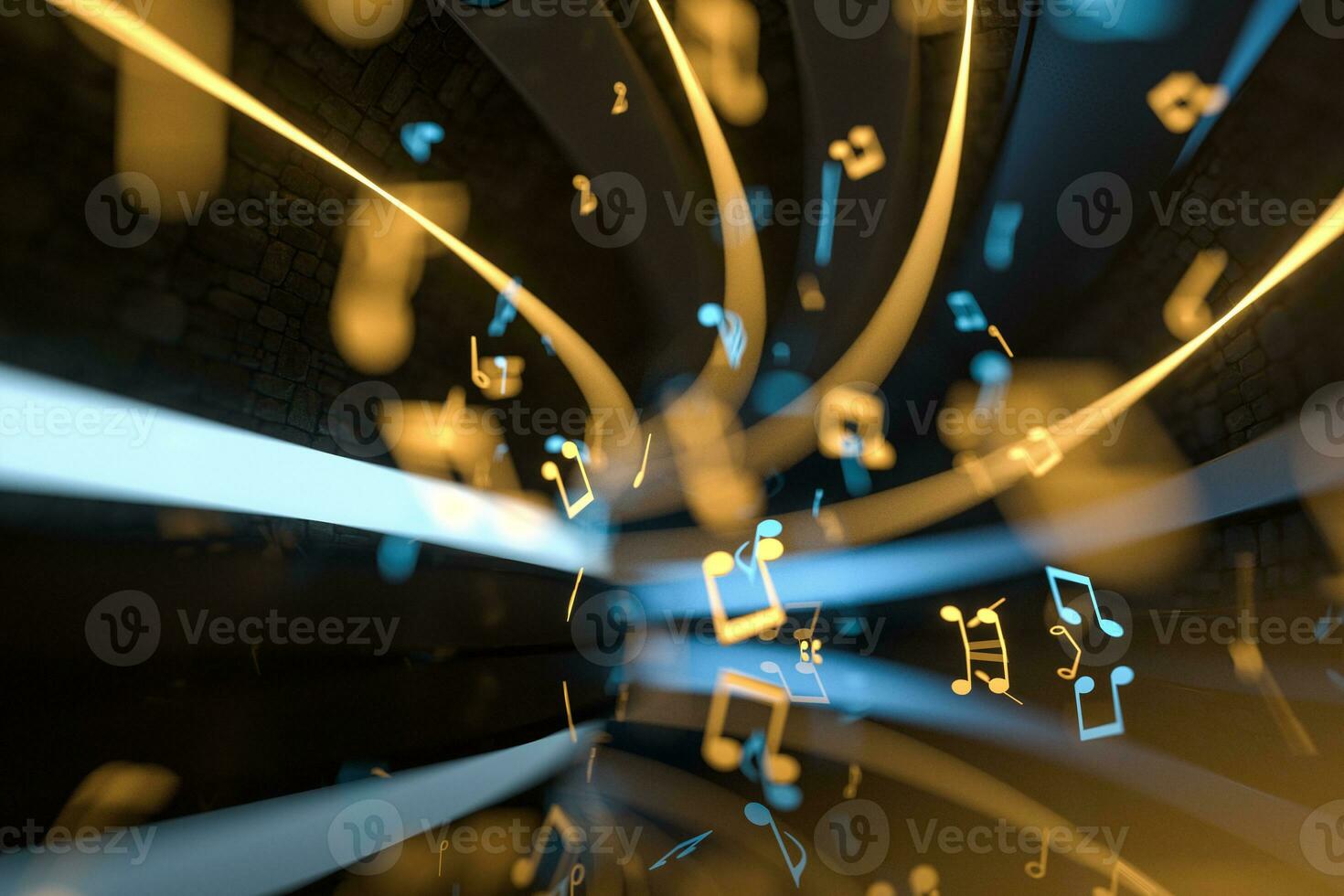 Music notes with dark background, floating notes, 3d rendering. photo