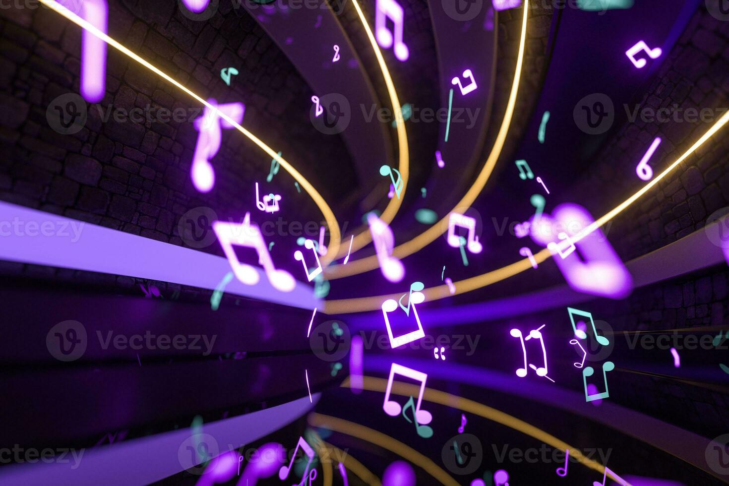 Music notes with dark background, floating notes, 3d rendering. photo
