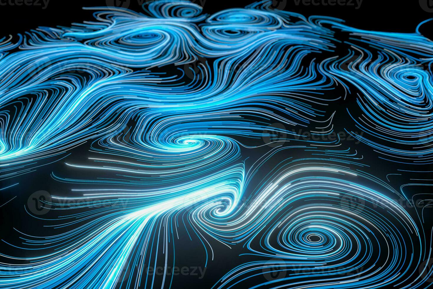 Vortical line pattern, glowing particles trails, 3d rendering. photo