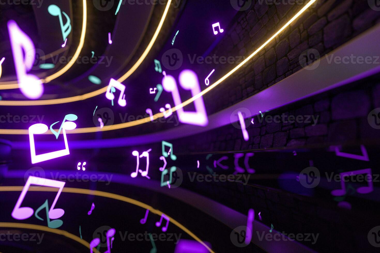 Music notes with dark background, floating notes, 3d rendering. photo