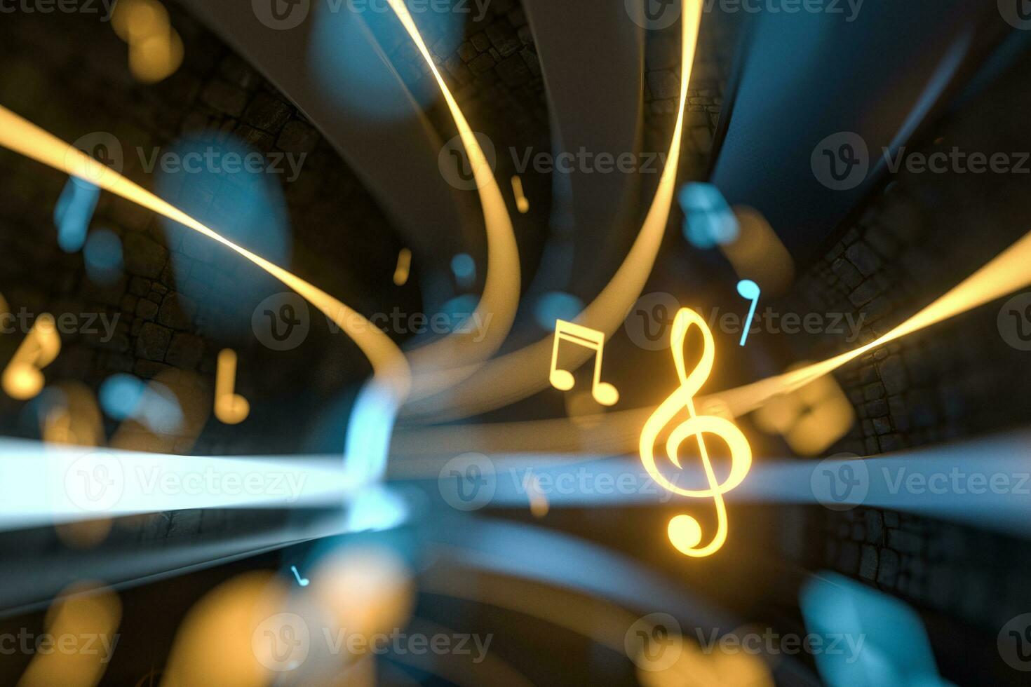 Music notes with dark background, floating notes, 3d rendering. photo