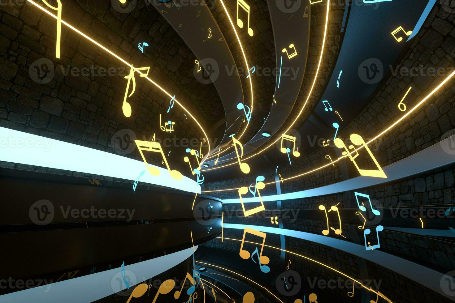 Music notes with dark background, floating notes, 3d rendering. photo