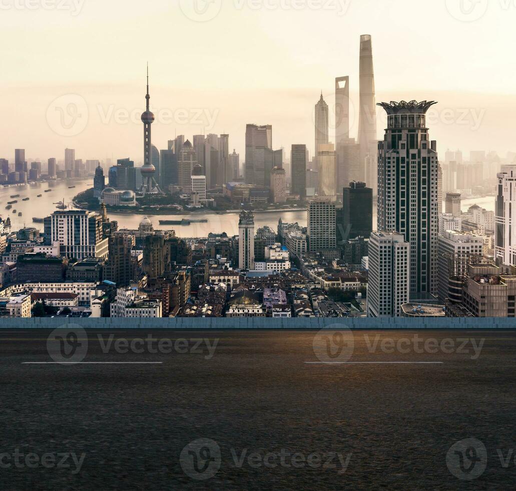 Asphalt road and urban building of Shanghai, driveway and road. photo