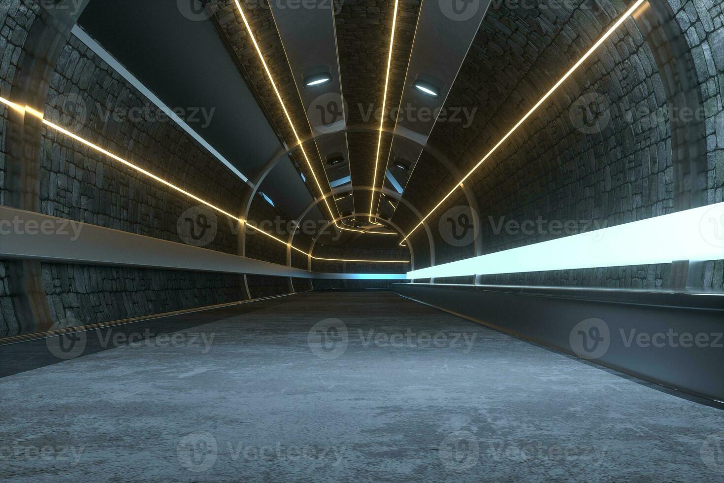 Dark tunnel with light at the end, 3d rendering. photo