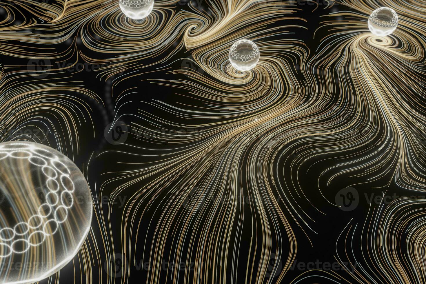 Vortical line pattern, glowing particles trails, 3d rendering. photo