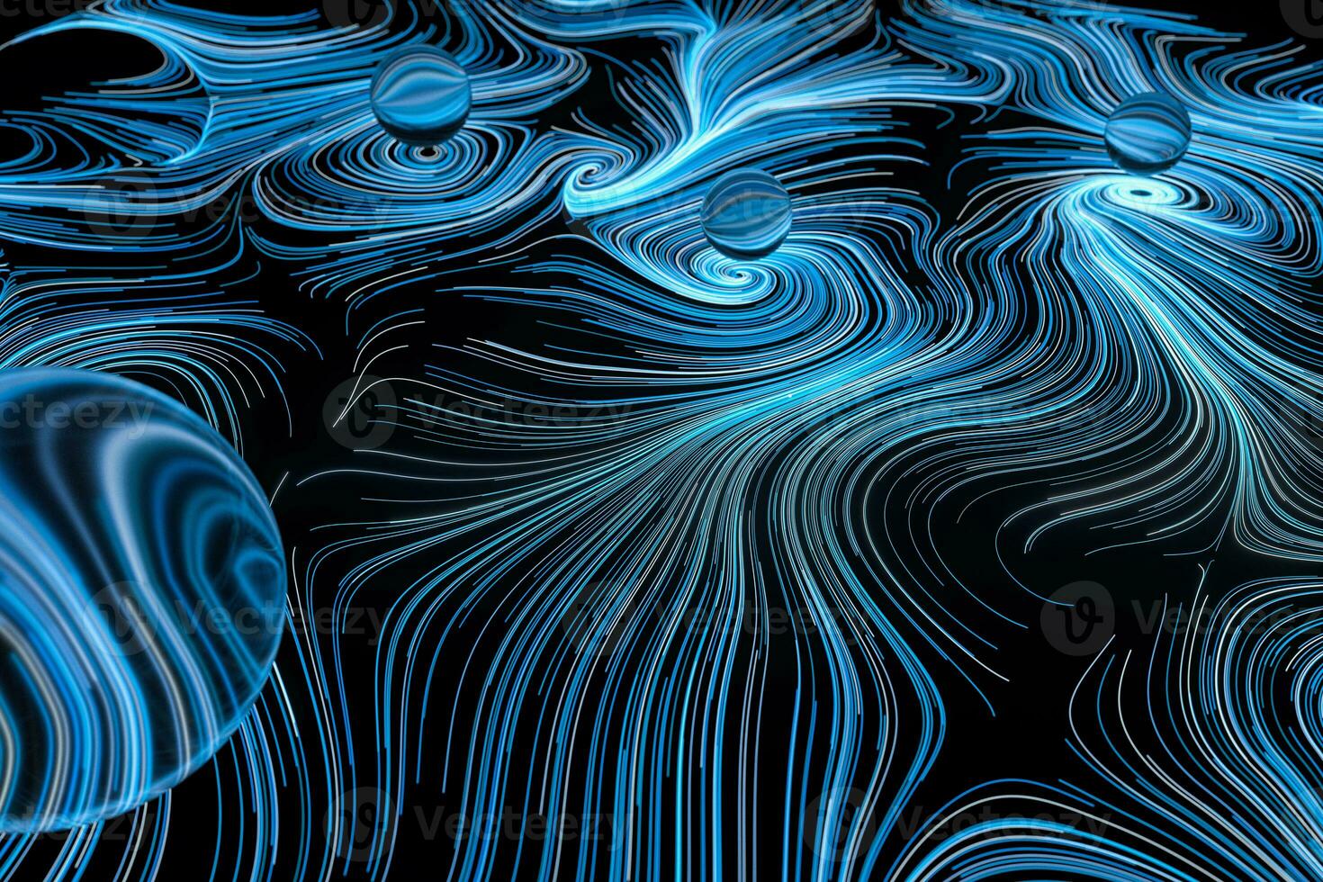 Vortical line pattern, glowing particles trails, 3d rendering. photo