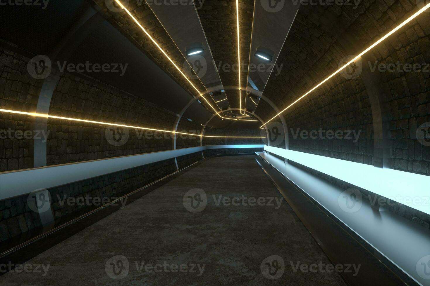 Dark tunnel with light at the end, 3d rendering. photo