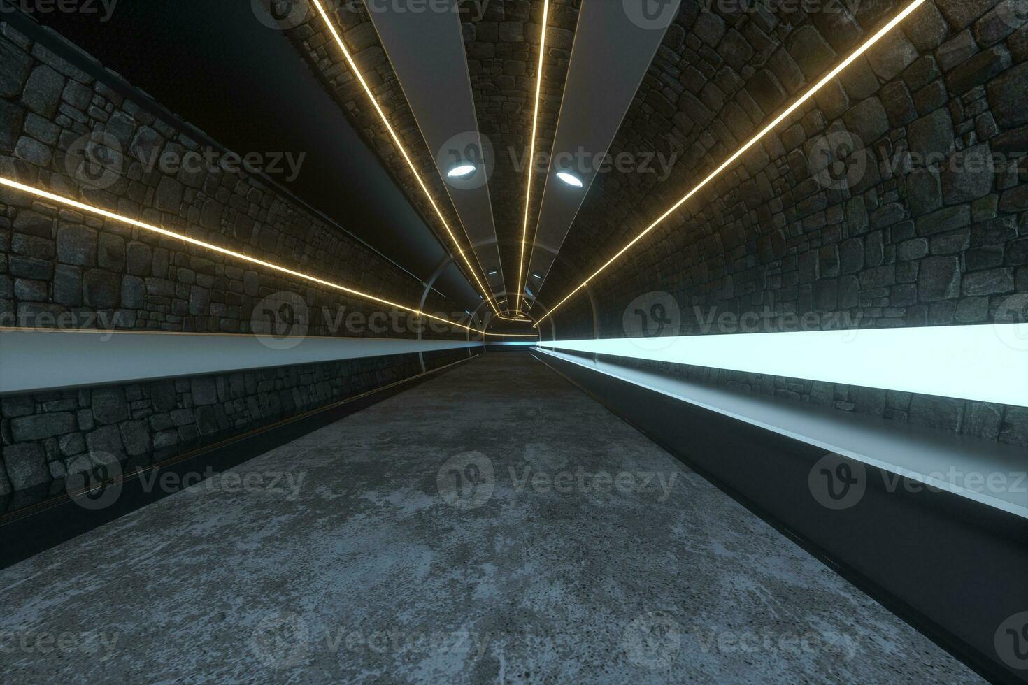 Dark tunnel with light at the end, 3d rendering. photo