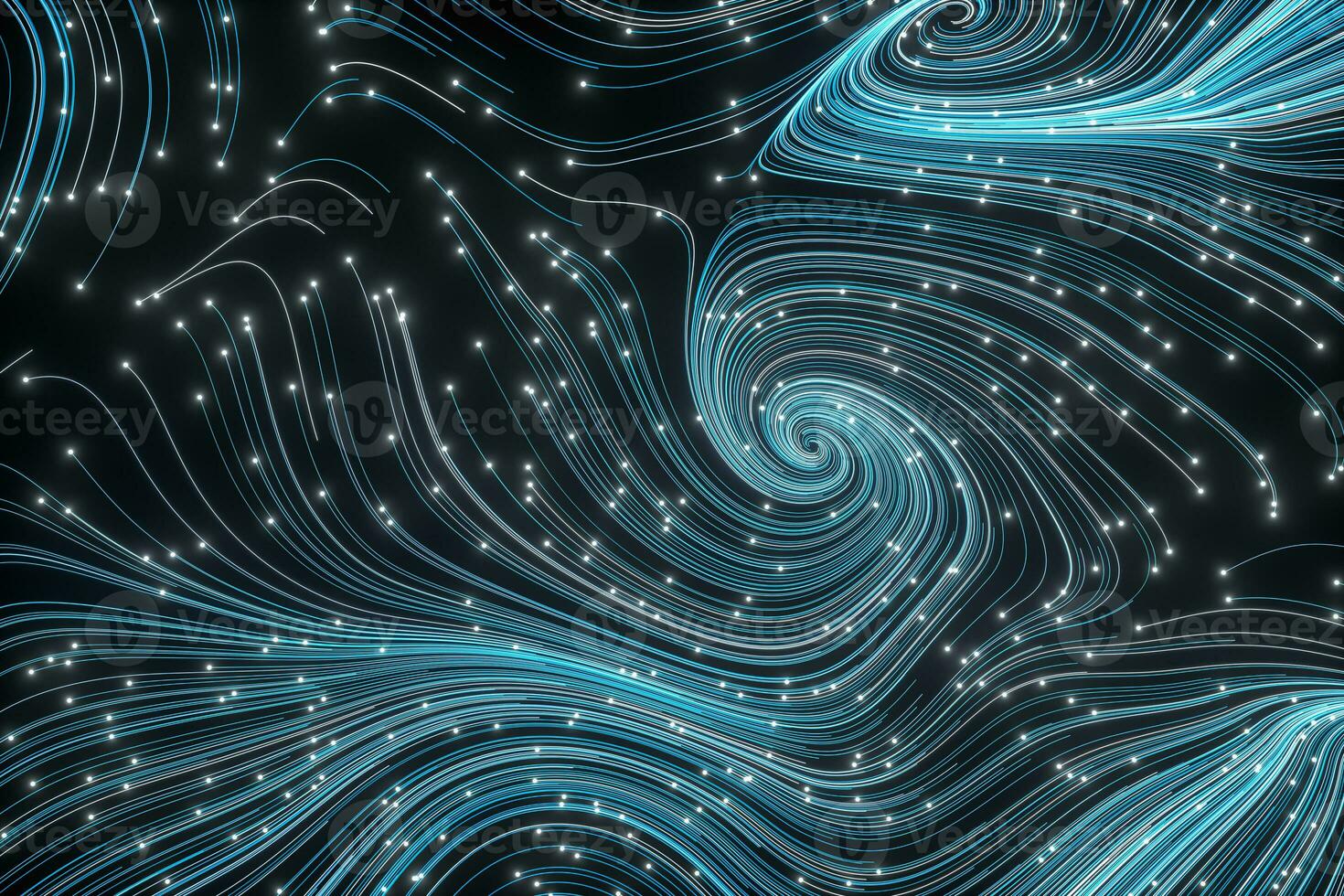 Vortical line pattern, glowing particles trails, 3d rendering. photo