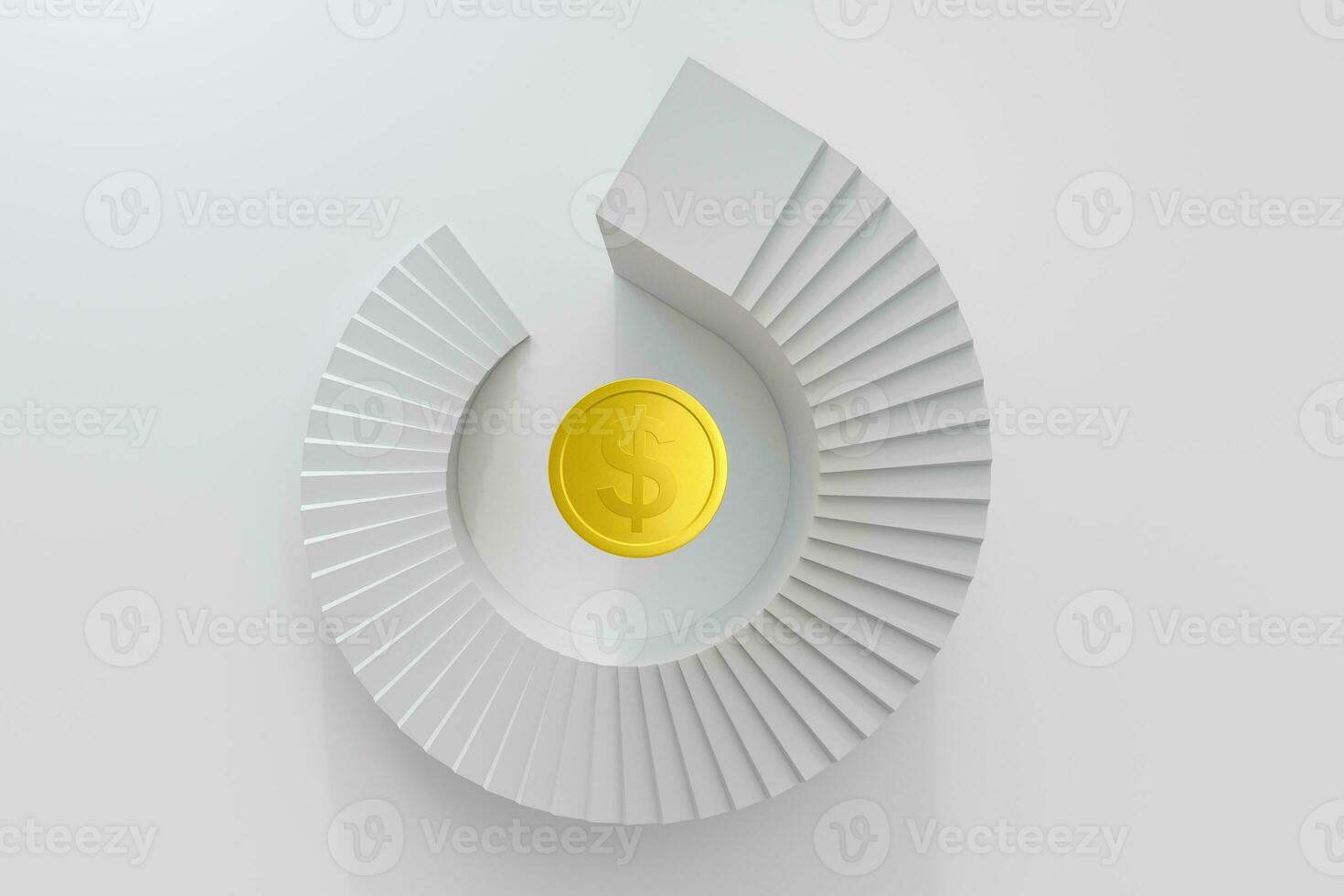 Round staircase, with golden coin on the top platform, 3d rendering. photo