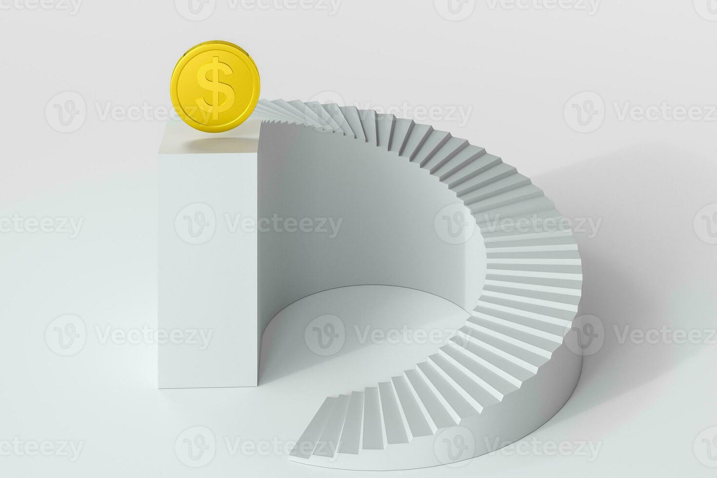 Round staircase, with golden coin on the top platform, 3d rendering. photo