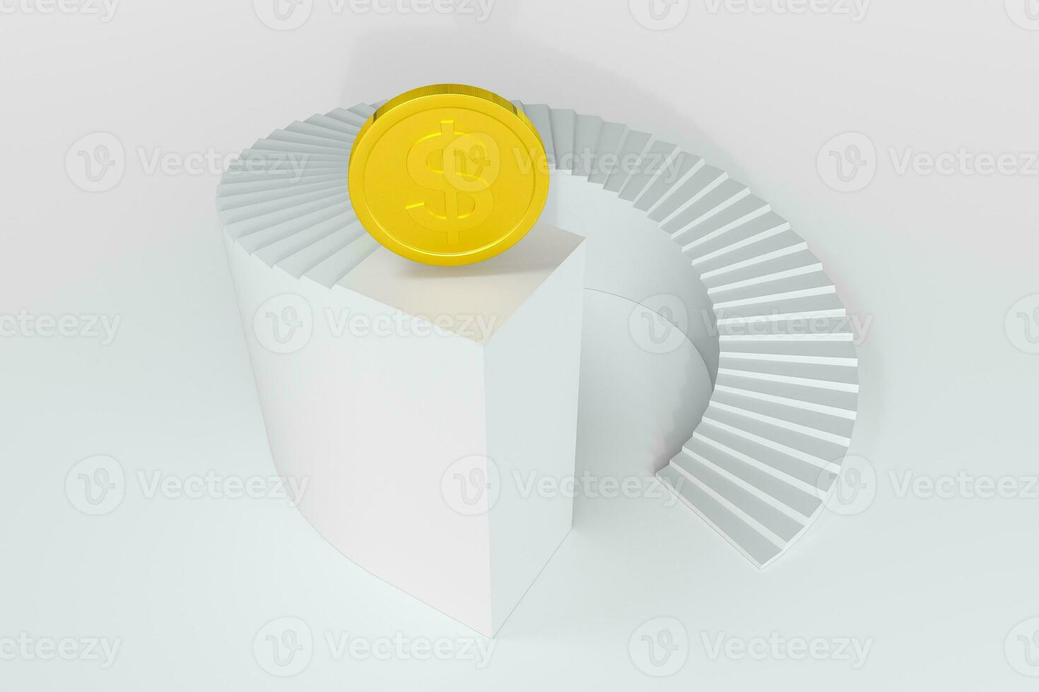 Round staircase, with golden coin on the top platform, 3d rendering. photo