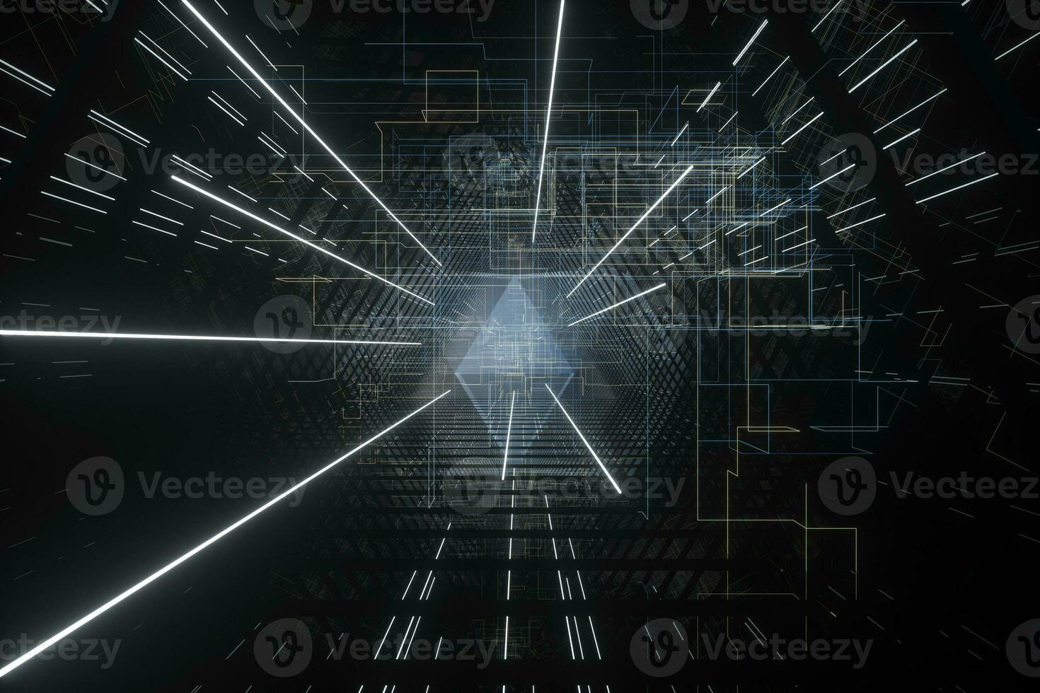 Dark triangle tunnel with glowing hud lines, 3d rendering photo
