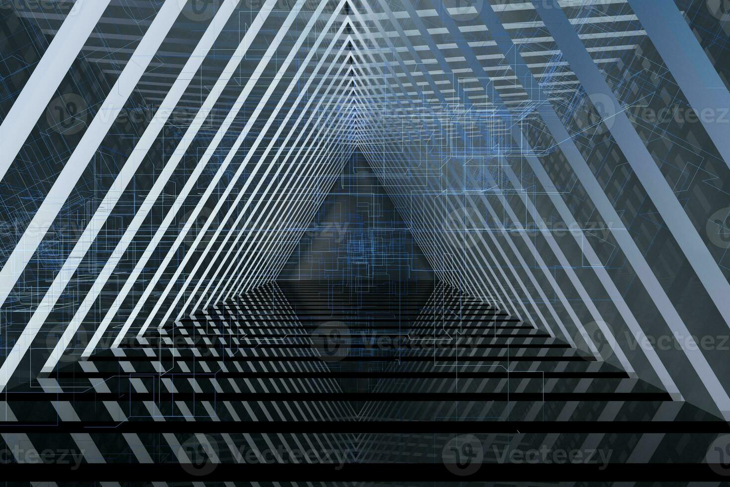 Dark triangle tunnel with glowing hud lines, 3d rendering photo