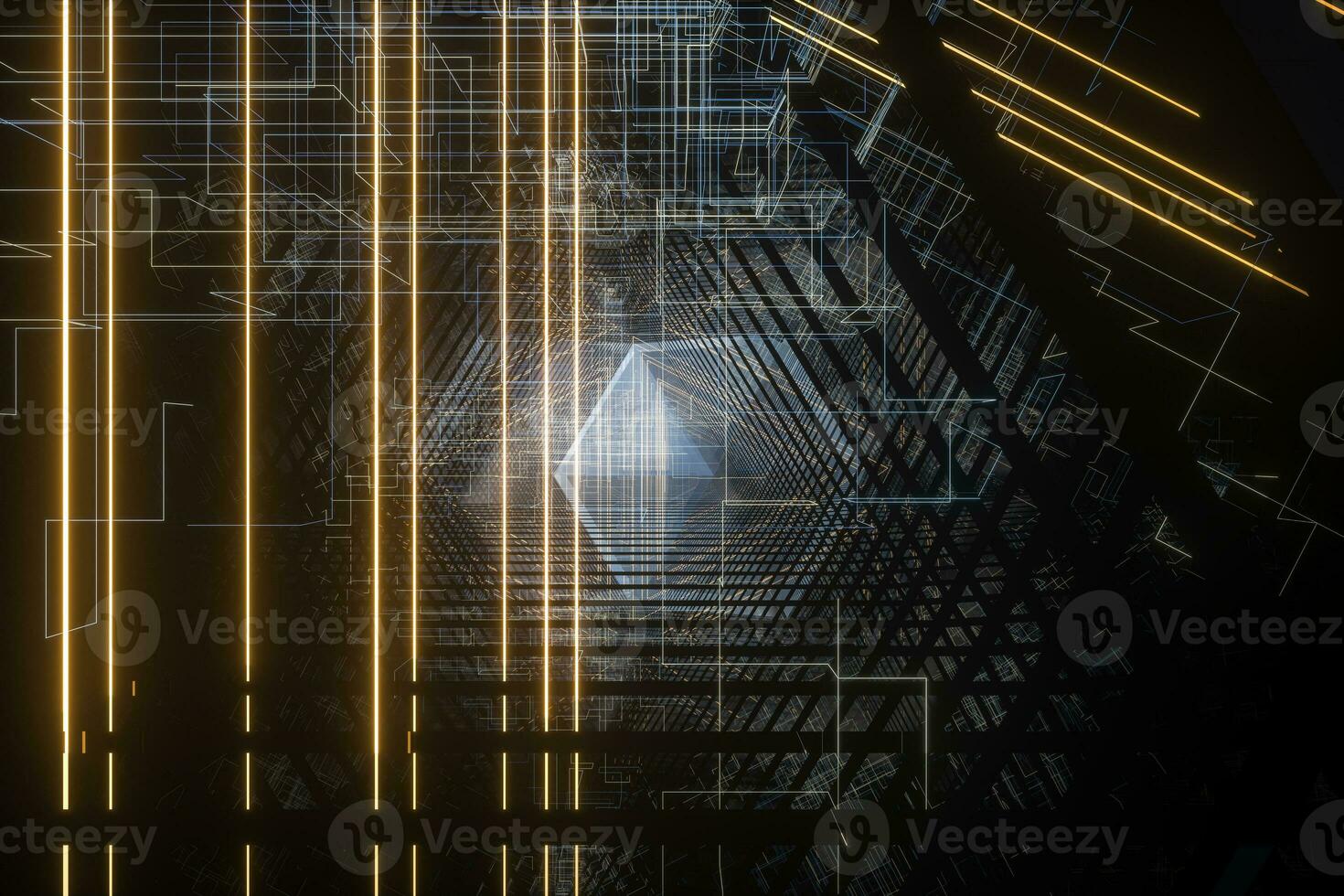 Dark triangle tunnel with glowing hud lines, 3d rendering photo