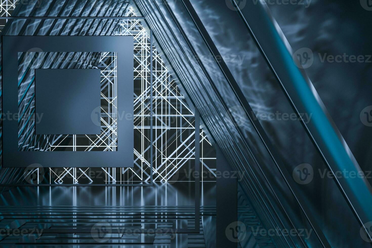 Dark triangle tunnel with glowing hud lines, 3d rendering photo