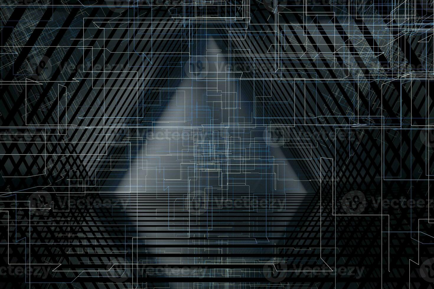 Dark triangle tunnel with glowing hud lines, 3d rendering photo