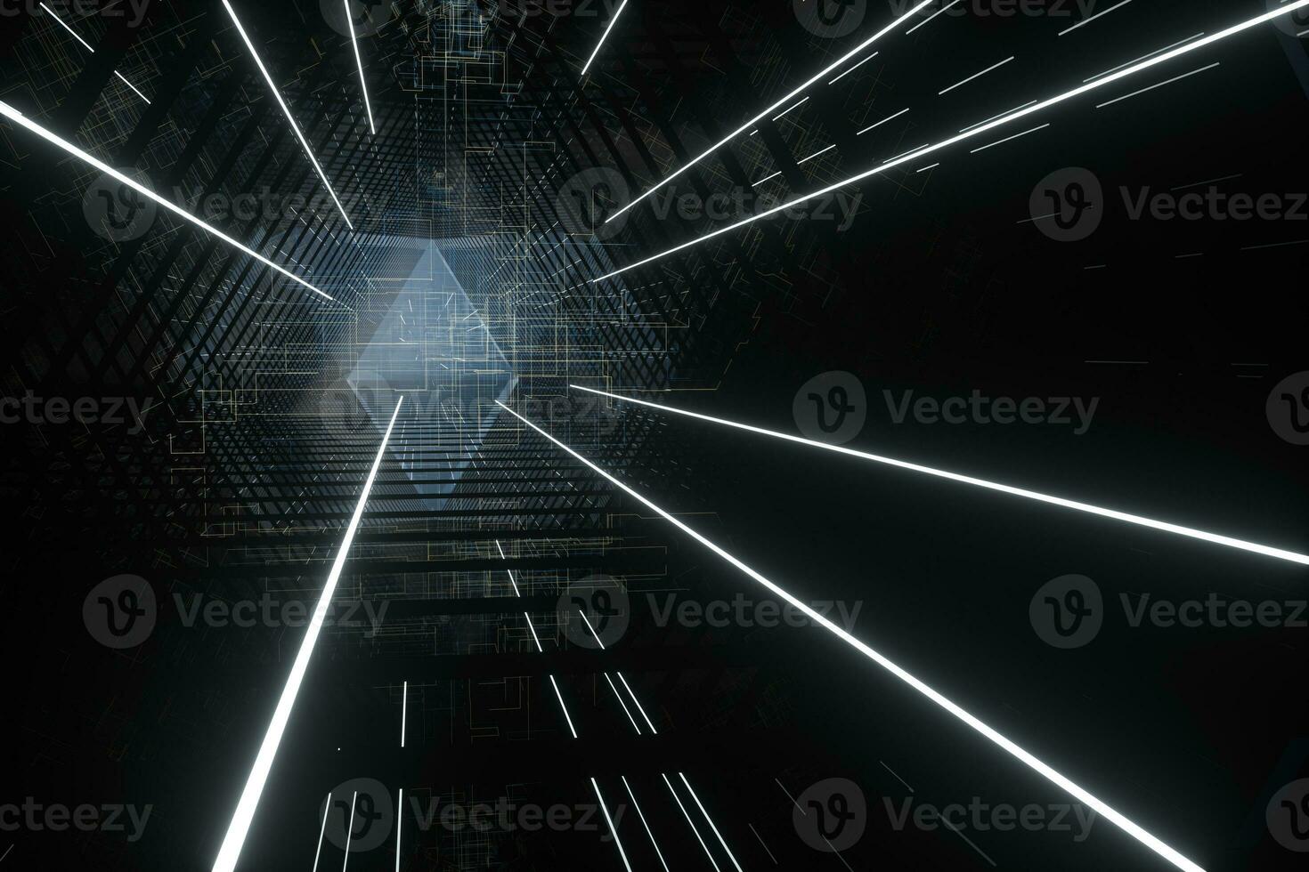 Dark triangle tunnel with glowing hud lines, 3d rendering photo