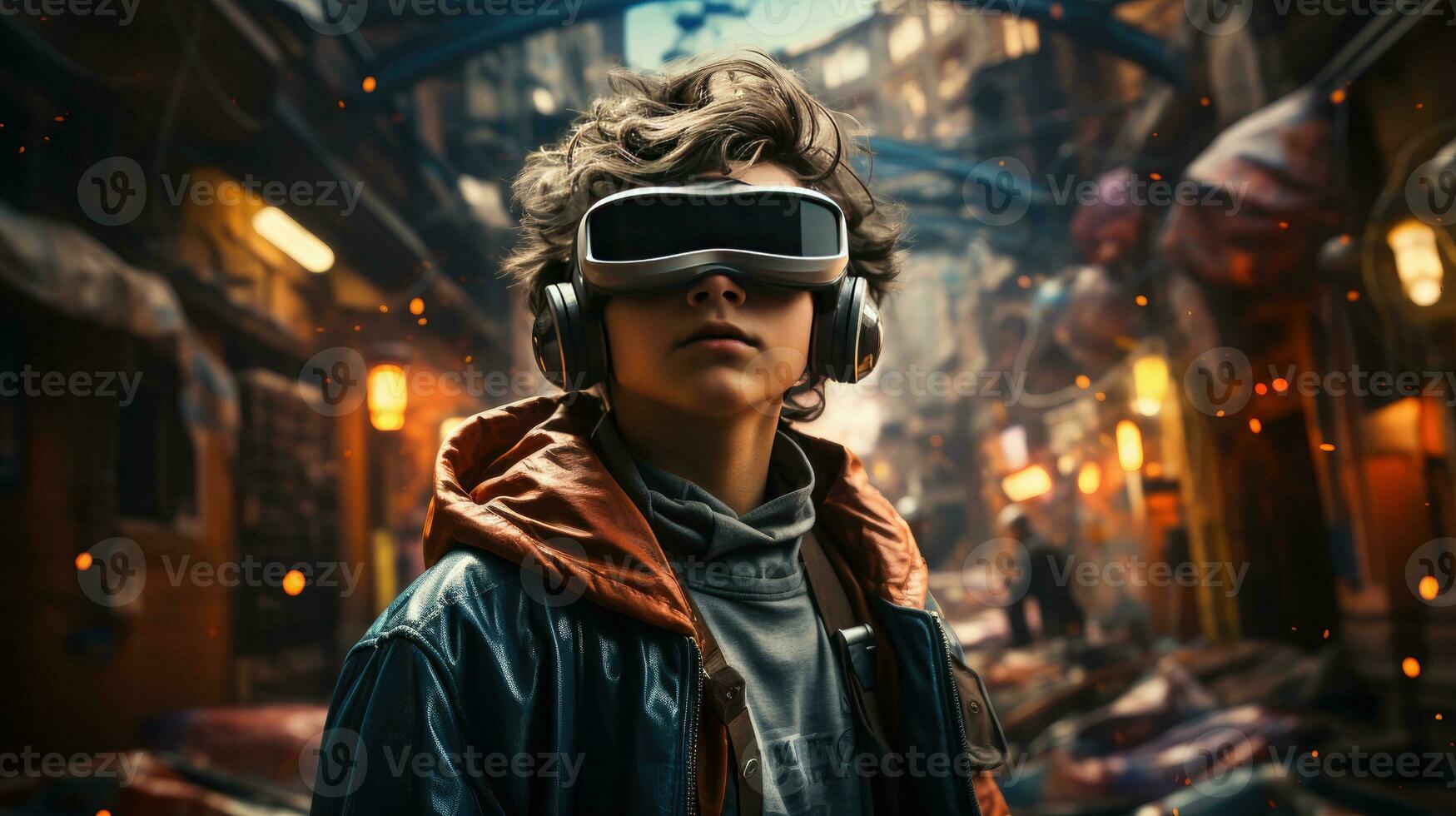 Portrait of a boy wearing a VR googles abstract landscape background photo