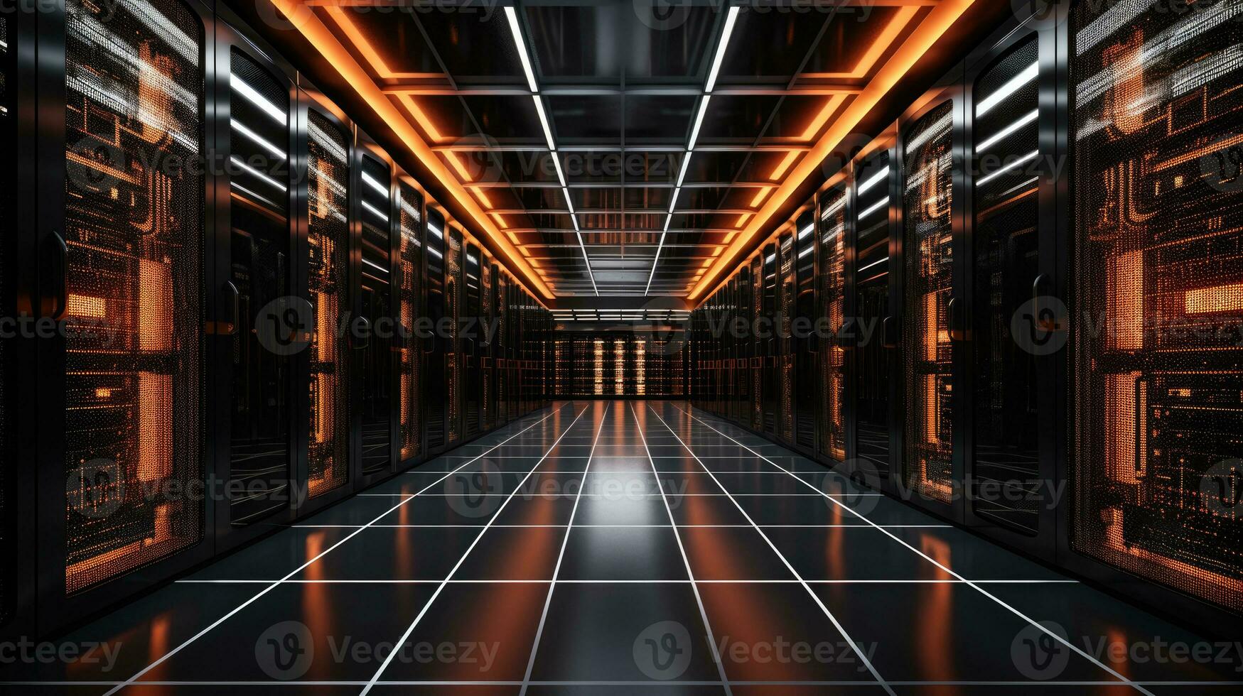 futuristic server room or data center corridor with neon lights in dark background photo