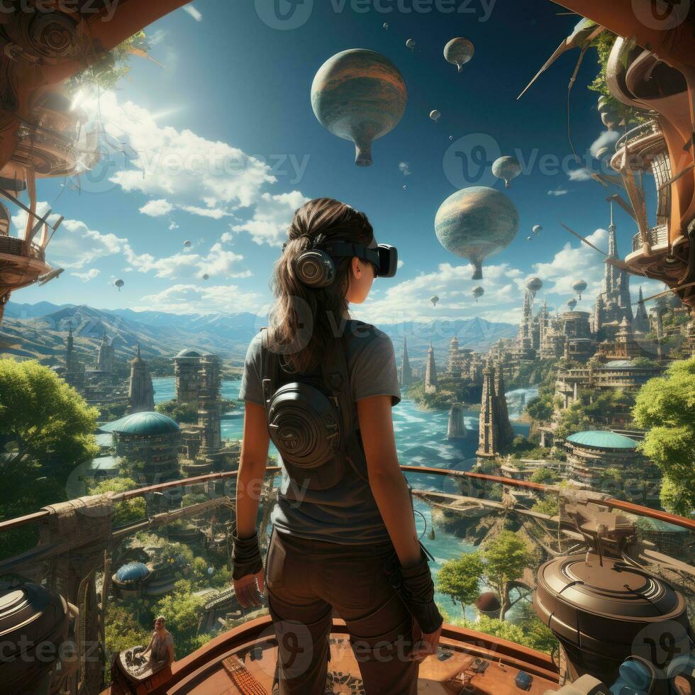 back view of women wear a vr glasses at adventure city background photo