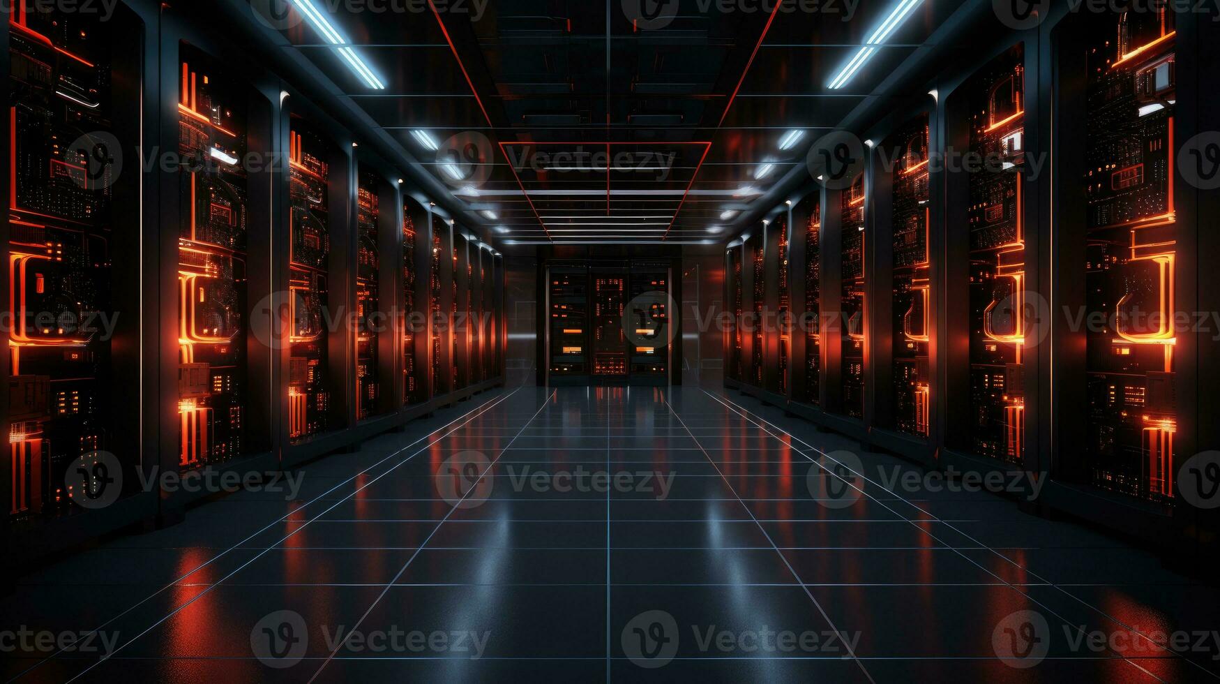 futuristic server room or data center corridor with neon lights in dark background photo
