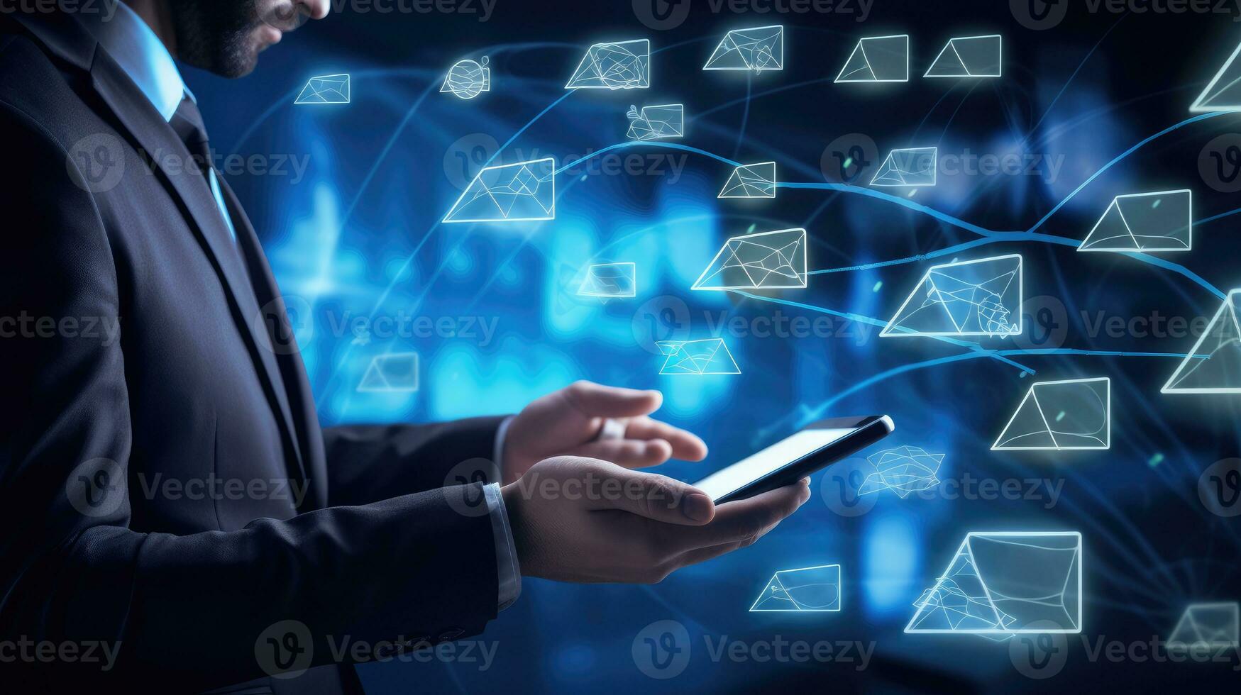 Close up of businesswoman using tablet pc with abstract glowing email icons photo