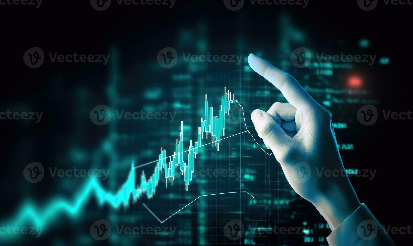 Close up of businessman hand touching with finger virtual panel with forex chart photo