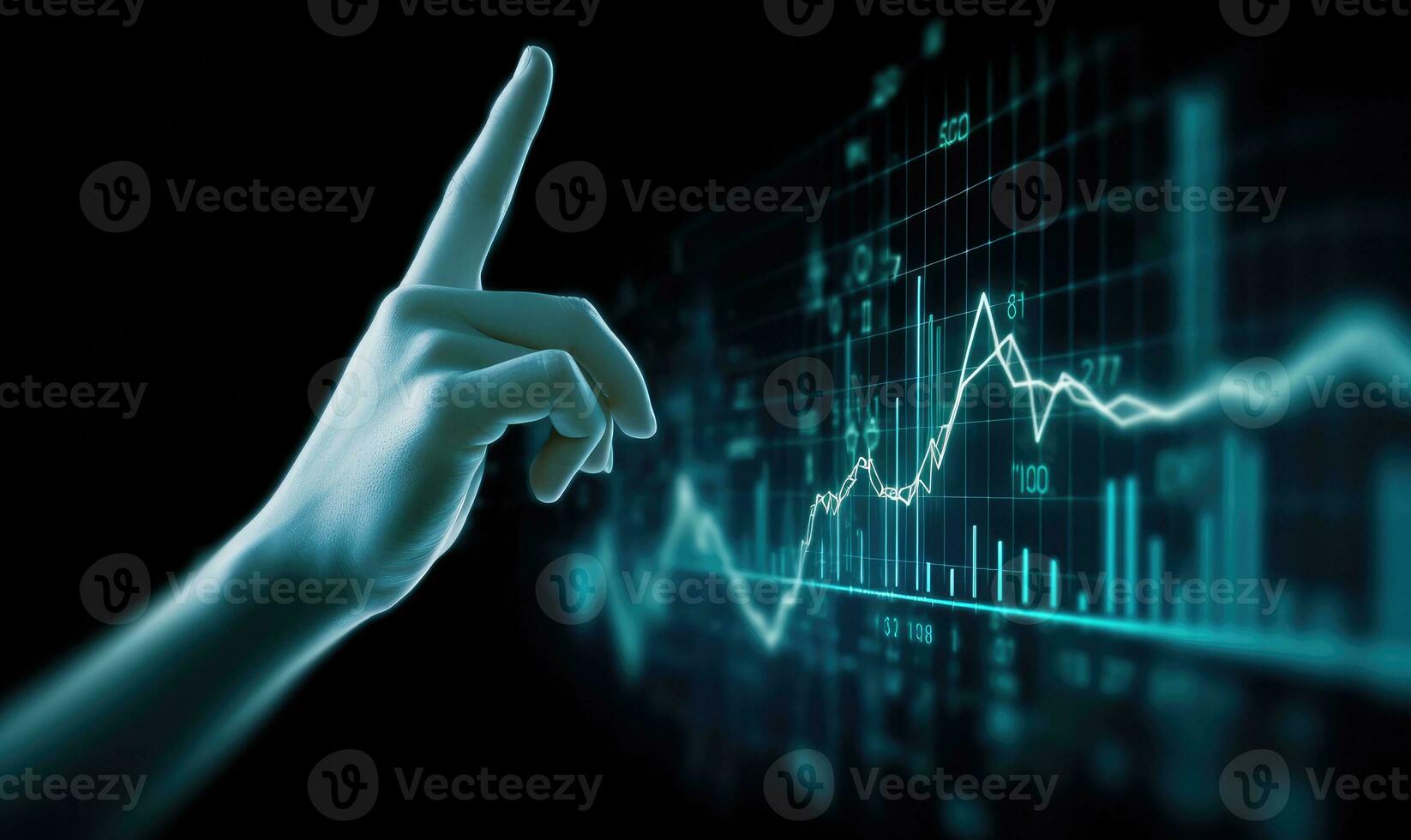 Close up of businessman hand touching with finger virtual panel with forex chart photo