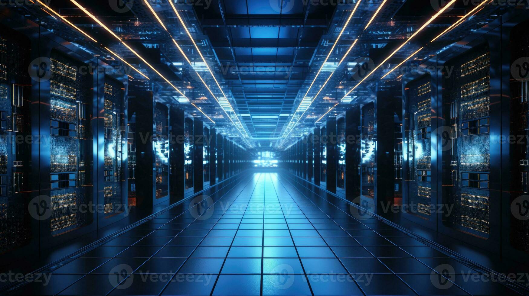 futuristic server room or data center corridor with neon lights in dark background photo