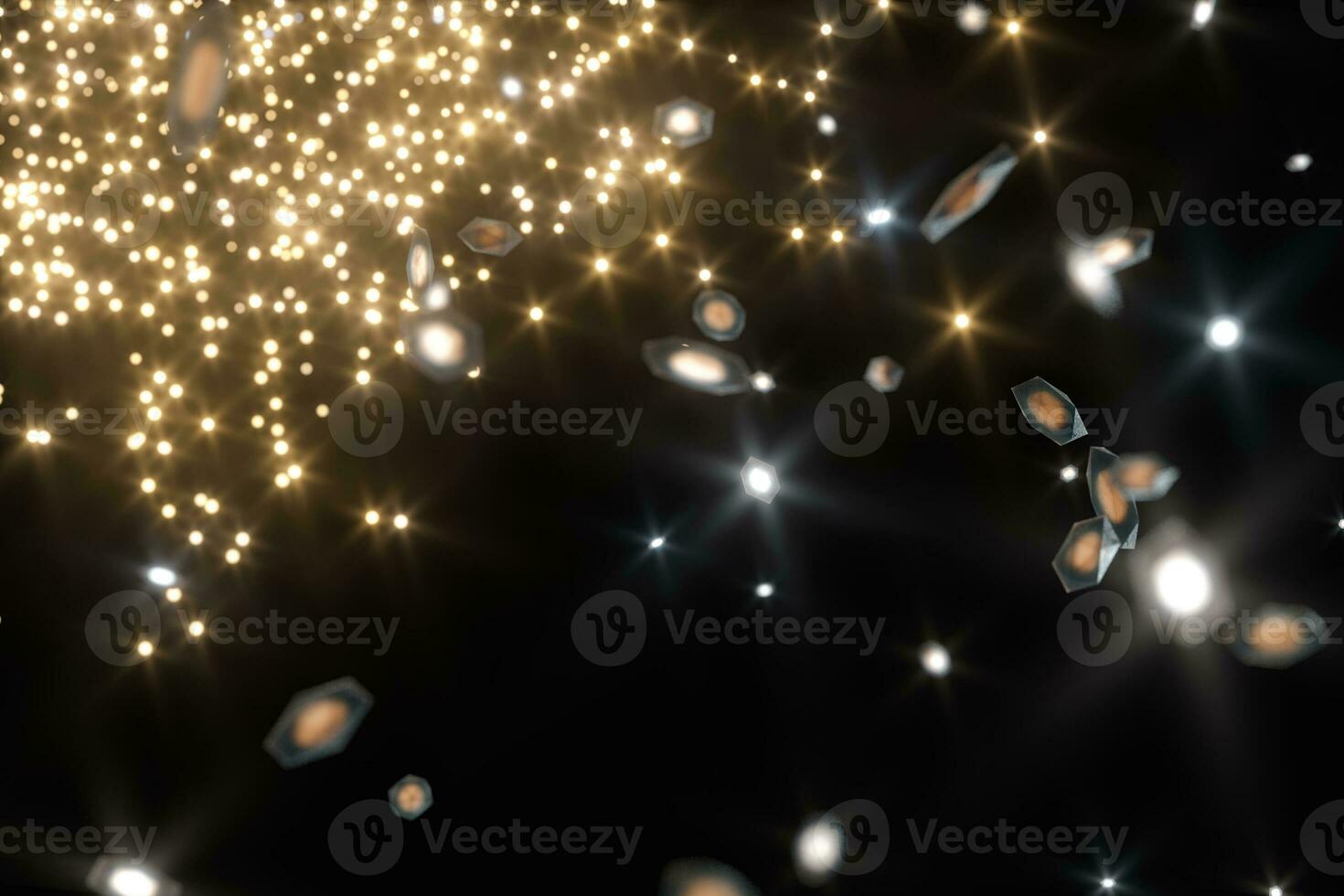 Floating specks of light on black background, 3d rendering. photo