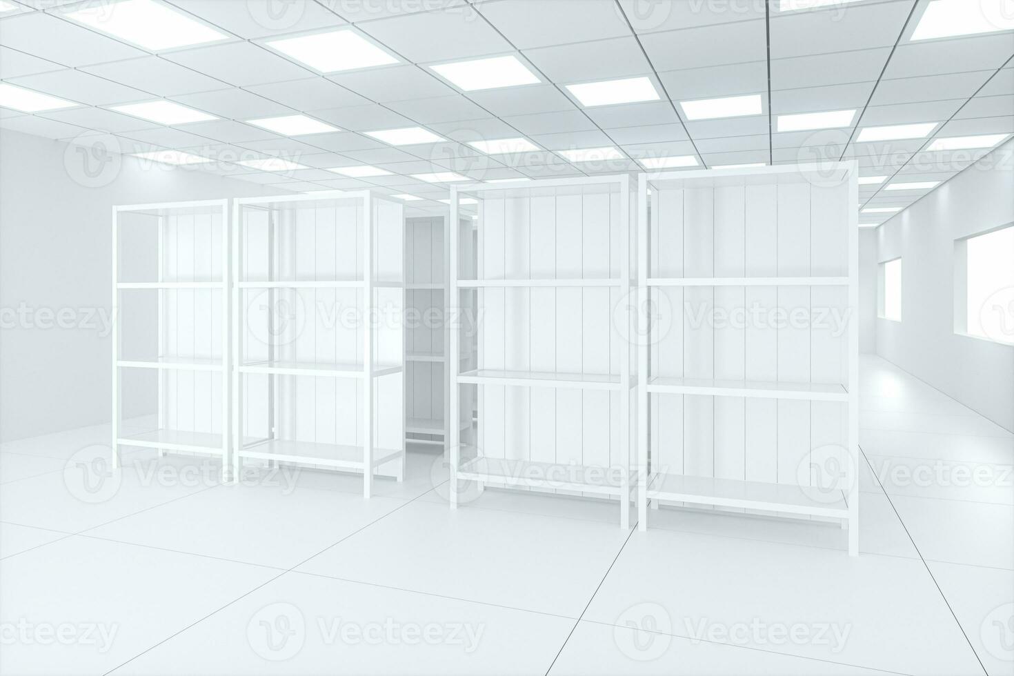 White shelves with white background, bright and spacious, 3d rendering. photo