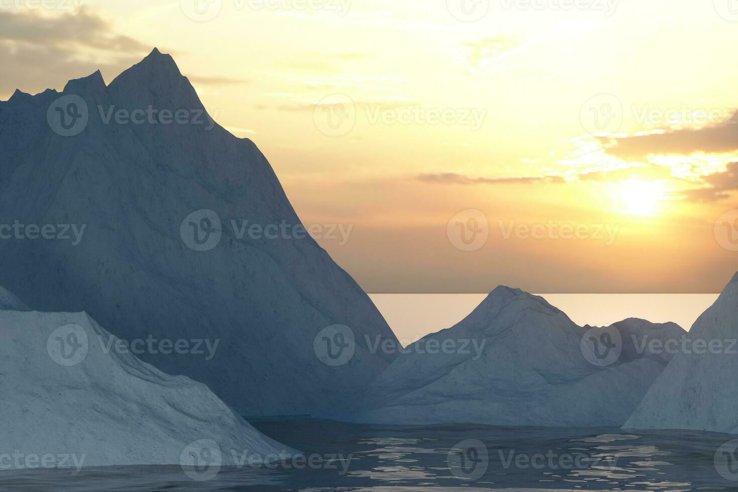 Ocean and sunshine coming from the side of iceberg, 3d rendering. photo
