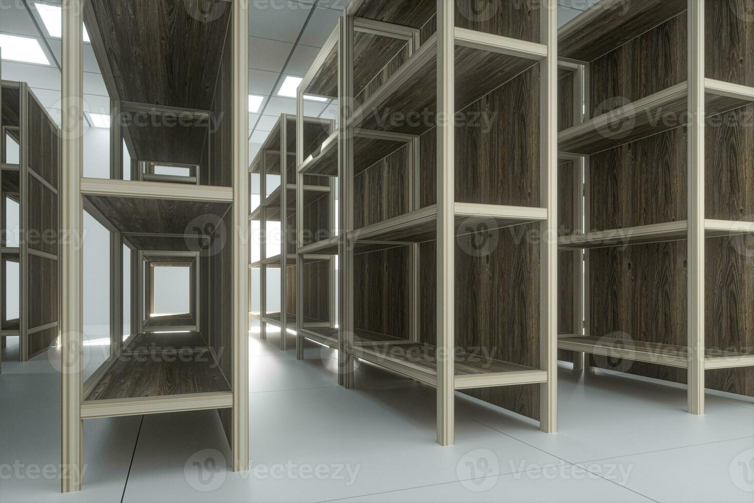 Rows of bookshelves in the bright room, 3d rendering. photo