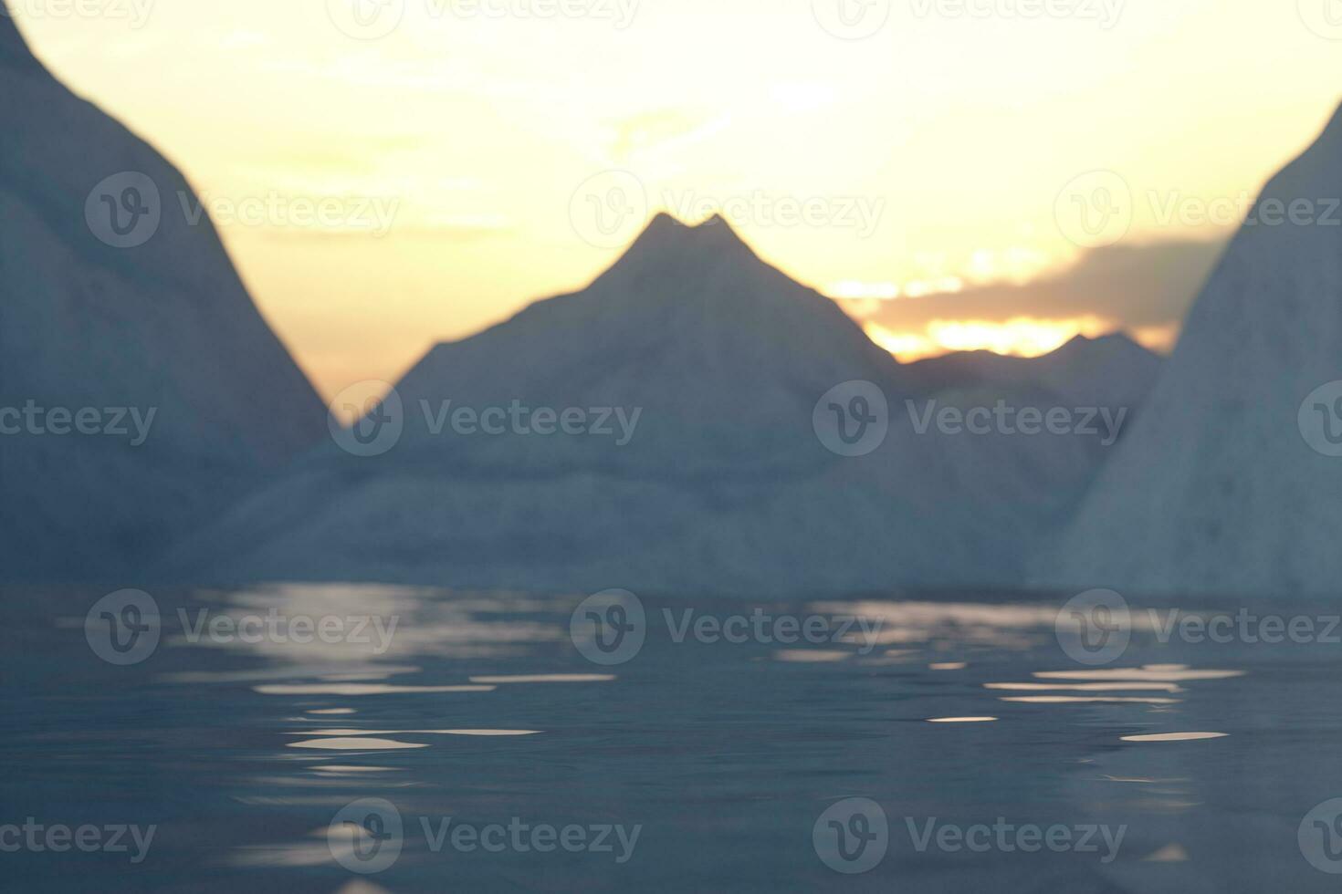 Ocean and sunshine coming from the side of iceberg, 3d rendering. photo