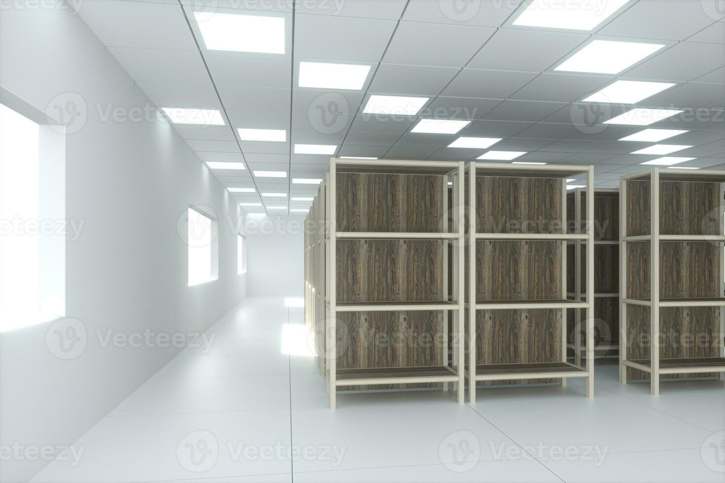 Rows of bookshelves in the bright room, 3d rendering. photo