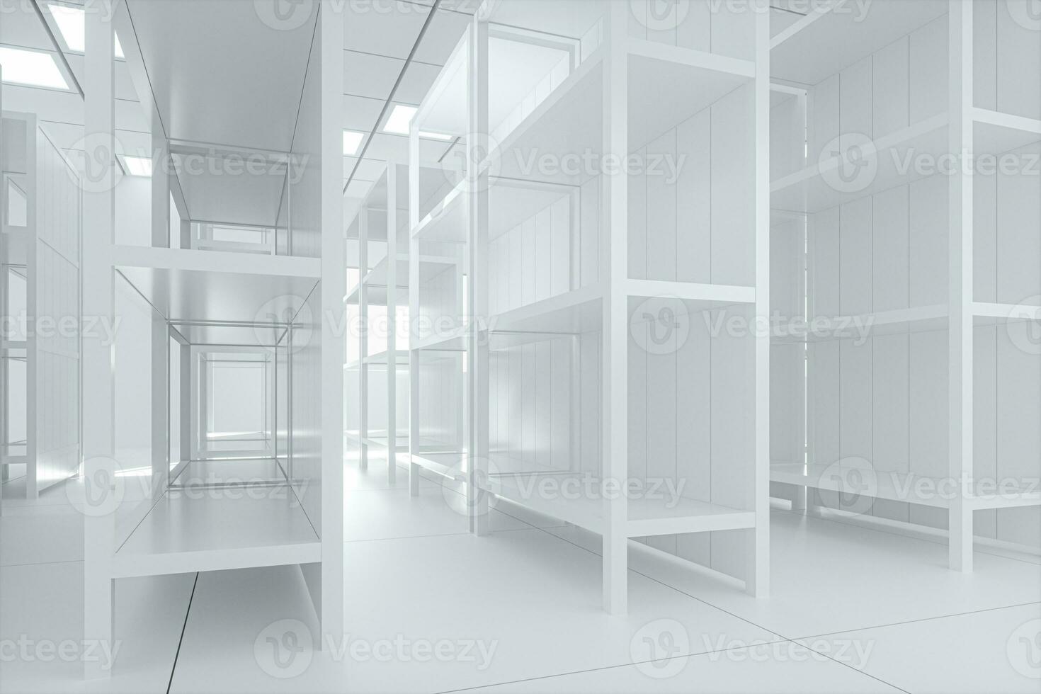 White shelves with white background, bright and spacious, 3d rendering. photo