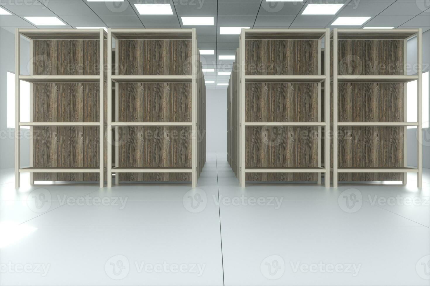 Rows of bookshelves in the bright room, 3d rendering.. photo