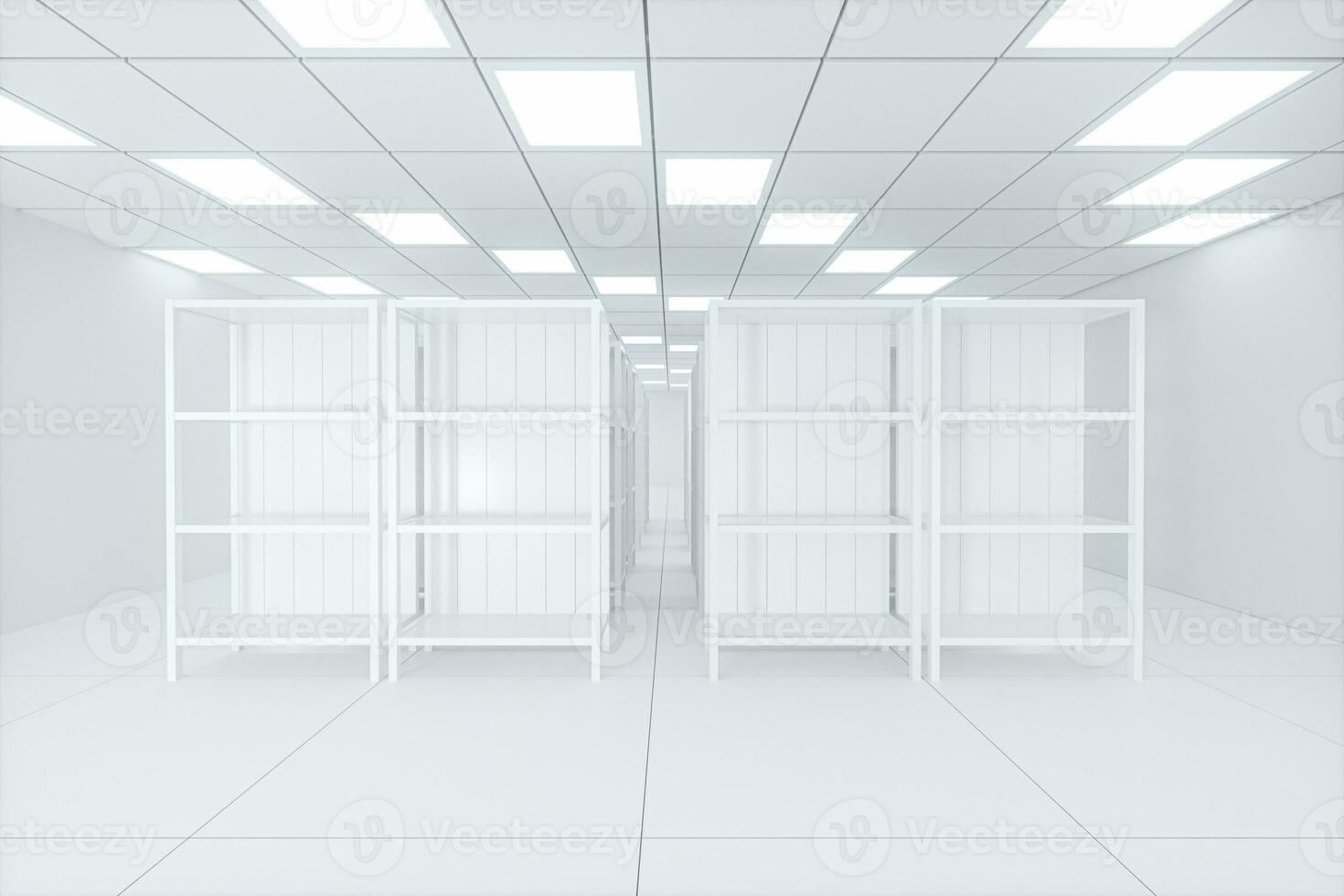 White shelves with white background, bright and spacious, 3d rendering. photo