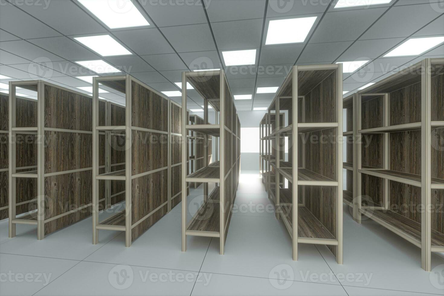 Rows of bookshelves in the bright room, 3d rendering. photo