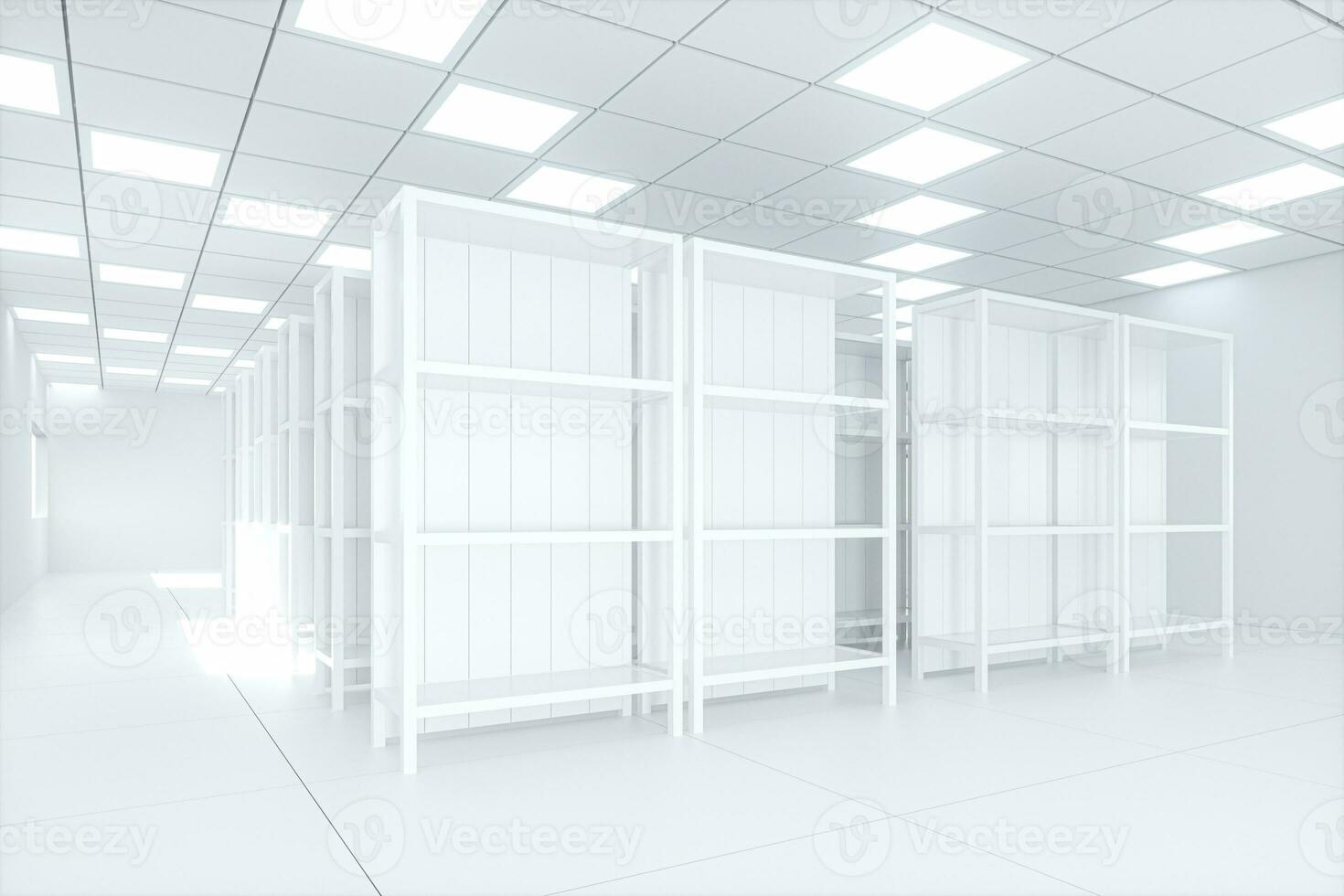 White shelves with white background, bright and spacious, 3d rendering. photo