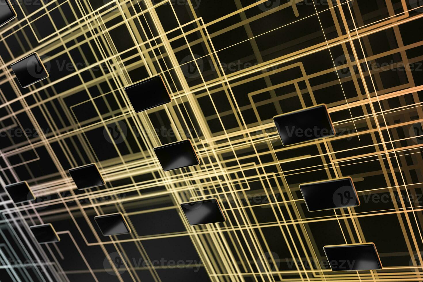 Golden cyber space with crossed glowing lines, 3d rendering. photo